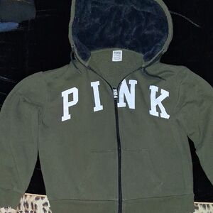 PINK Victoria's Secret Olive Green Kids Zip-Up Hoodie with White Logo